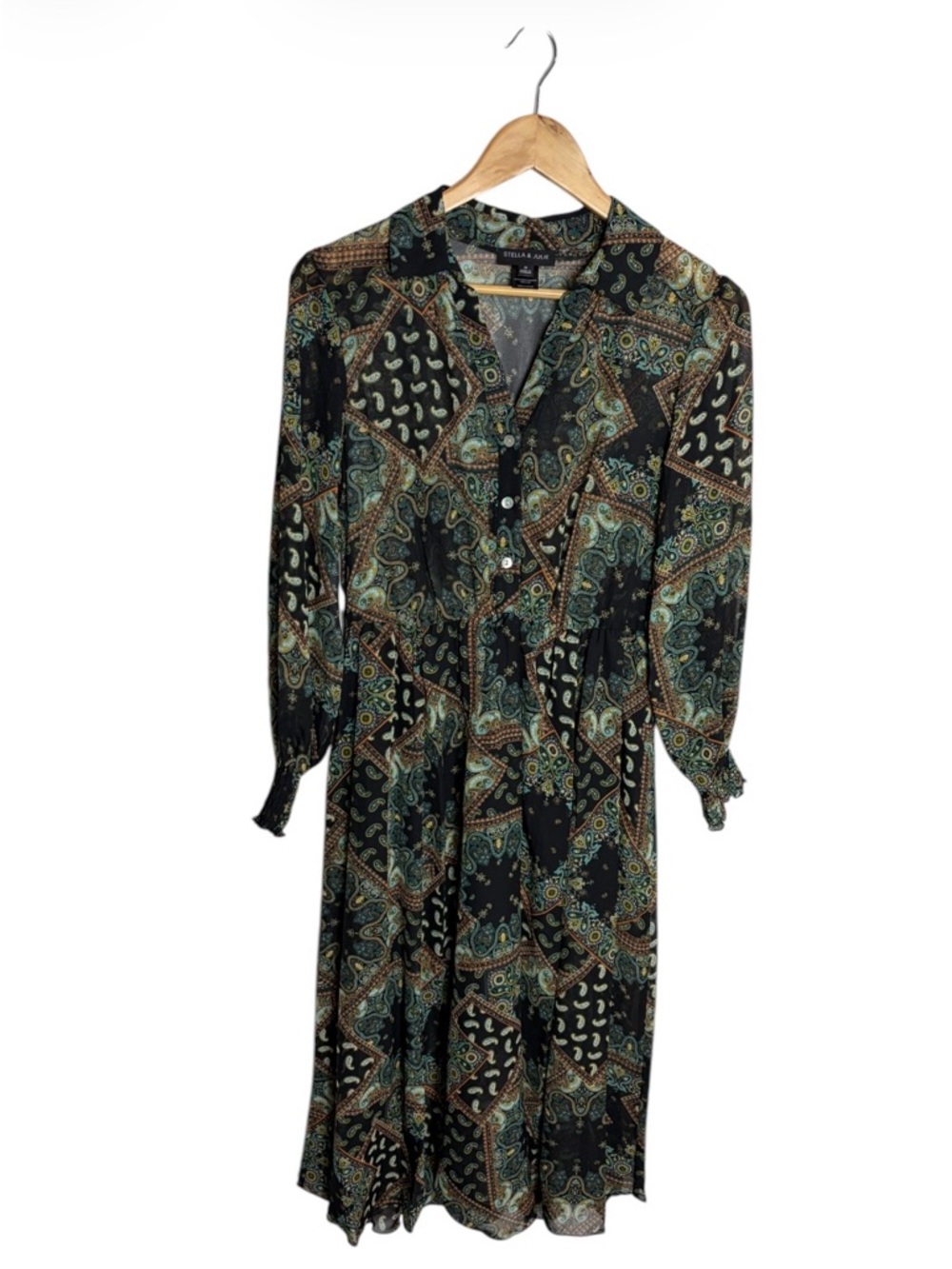 Stella & Julie green paisley long sleeve retro style shirt dress size 6